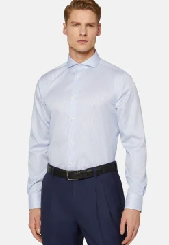 Camicia A Righe Azzurre In Cotone Dobby Regular