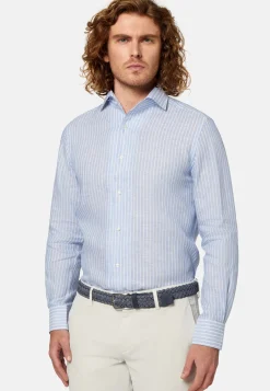 Camicia A Righe Azzurre In Lino Regular Fit