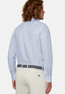 Camicia A Righe Azzurre In Lino Regular Fit