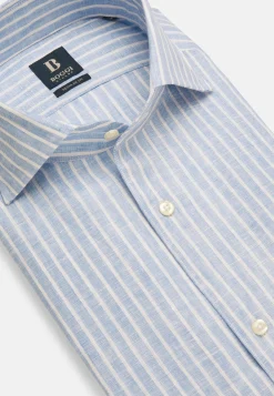 Camicia A Righe Azzurre In Lino Regular Fit