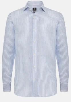 Camicia A Righe Azzurre In Lino Regular Fit
