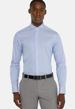 Camicia A Righe Azzurre In Cotone Dobby Slim Fit