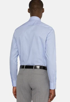 Camicia A Righe Azzurre In Cotone Dobby Slim Fit