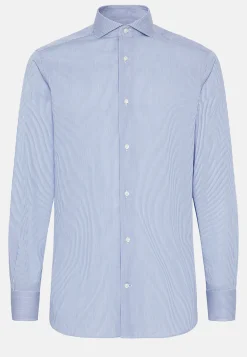 Camicia A Righe Azzurre In Cotone Dobby Slim Fit