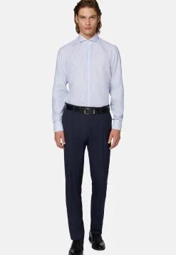 Camicia A Righe Azzurre In Cotone Dobby Slim Fit