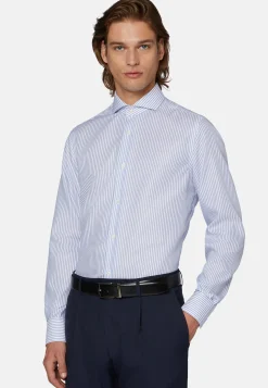 Camicia A Righe Azzurre In Cotone Dobby Slim Fit