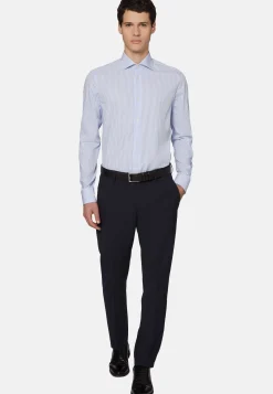 Camicia A Righe Azzurre In Cotone Dobby Slim Fit