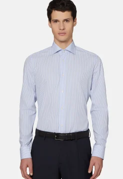 Camicia A Righe Azzurre In Cotone Dobby Slim Fit