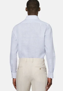 Camicia A Righe Azzurre In Lino Regular Fit
