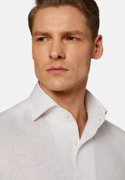 Camicia A Righe Azzurre In Lino Regular Fit