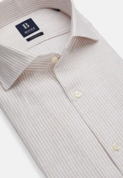 Camicia A Righe Azzurre In Lino Regular Fit