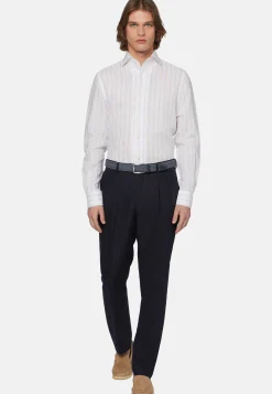 Camicia A Righe Beige In Lino Regular Fit