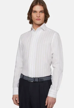 Camicia A Righe Beige In Lino Regular Fit