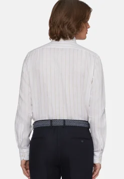 Camicia A Righe Beige In Lino Regular Fit