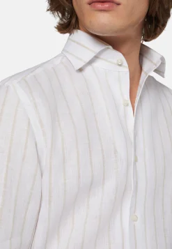 Camicia A Righe Beige In Lino Regular Fit