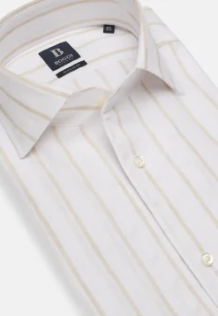 Camicia A Righe Beige In Lino Regular Fit