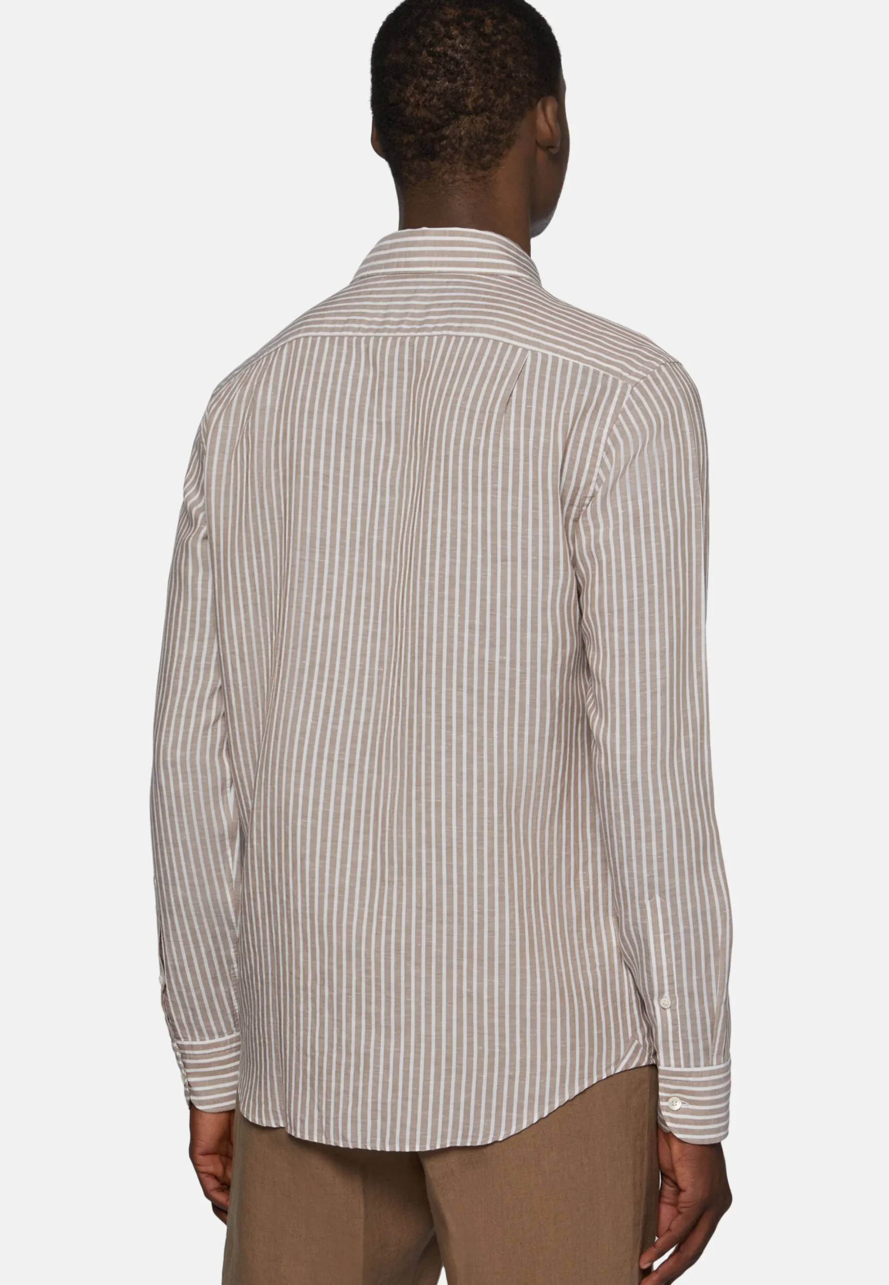 Camicia A Righe Marroni In Tencel Lino Regular Fit