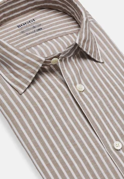 Camicia A Righe Marroni In Tencel Lino Regular Fit