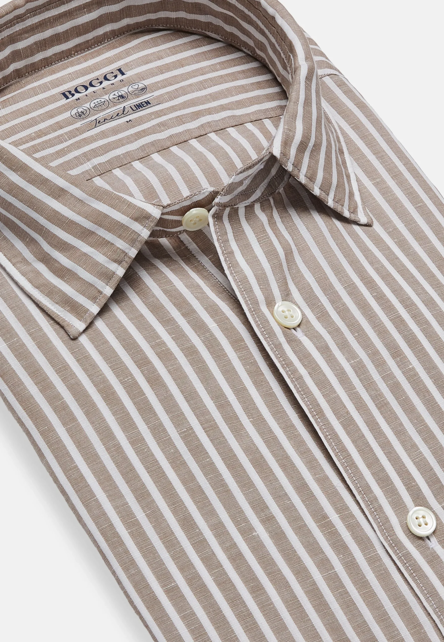 Camicia A Righe Marroni In Tencel Lino Regular Fit