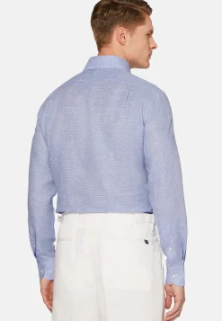Camicia Pied De Poule Azzurra In Lino Regular
