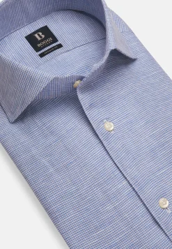 Camicia Pied De Poule Azzurra In Lino Regular