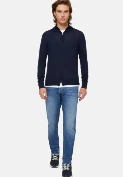 Maglia Full Zip Azzurro In Lana Merino