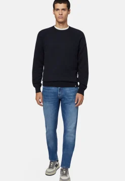 Maglia Girocollo Navy In Cotone Seta Cashmere