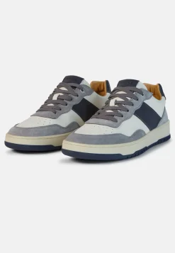Sneakers In Pelle Grigie E Navy Blu